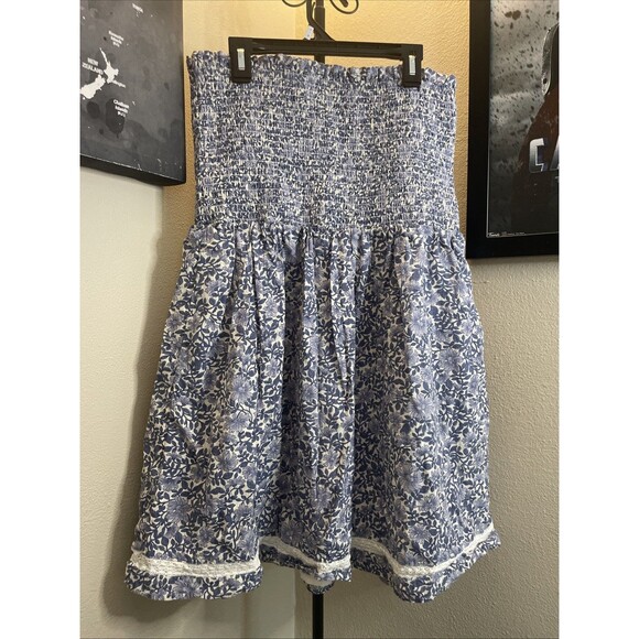 American Eagle Strapless Floral Mini Dress Cotton Linen Blend Womens Large Blue - Picture 1 of 6